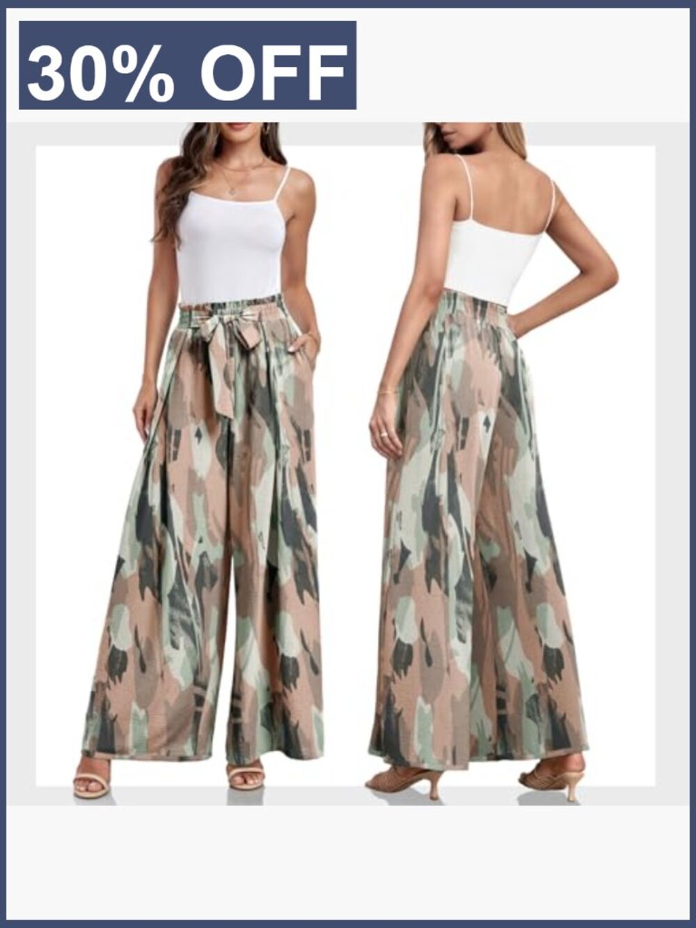 High Waisted Wide Leg Palazzo Pants with Pockets Flowy Tie Knot Trousers - Picture 5 of 7